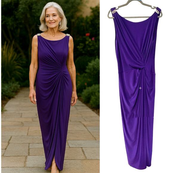 Ralph Lauren 14 Bejeweled Evening Gown Sleeveless Long Maxi Dress Purple Crystal - Picture 1 of 7